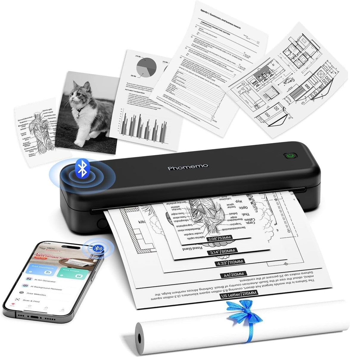 Imprimante thermique Phomemo M834 avec documents imprimés